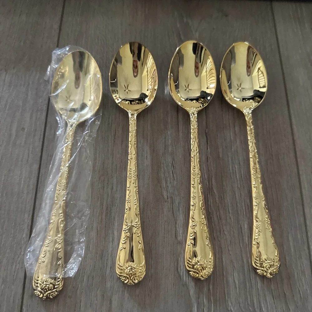 Golden Enchanted Rose Unmarked Gold Plated 4 Oval Place Soup Spoon Flatware‎